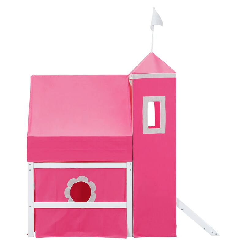 Twin Size Loft Bed with Slide Pink Tent and Tower