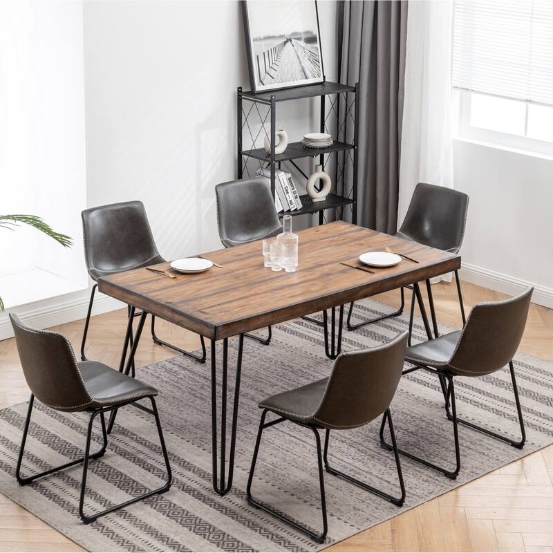 Industrial Style 7-Piece Dining Set with Rectangular Table and 6 Faux Leather Upholstered Dining Chairs
