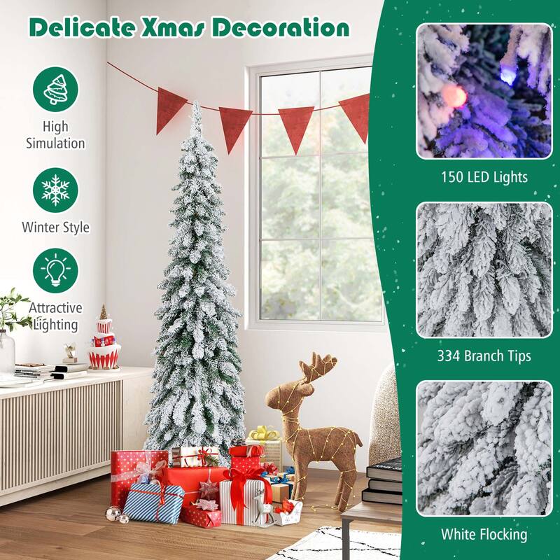 4 /5/6FT Pre-Lit Slim Christmas Tree Flocked Decoration LED Lights