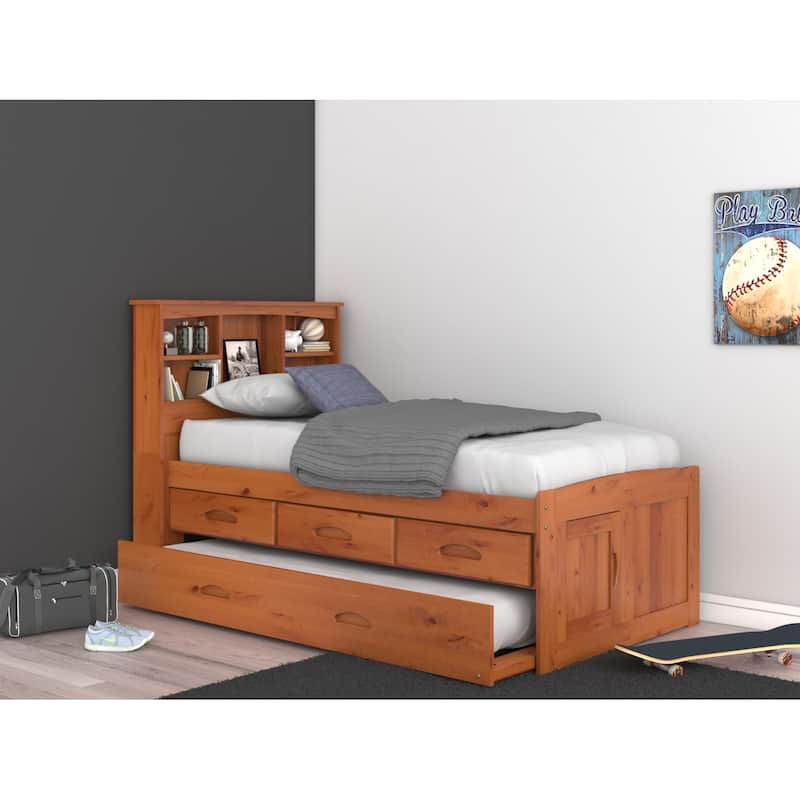OS Home and Office Furniture Solid Pine Twin Captains Bookcase Bed with 3 drawers and a Twin Sized Trundle in Warm Honey
