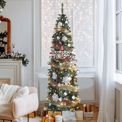 VEIKOUS 6.5FT/7.5FT Slim Pencil Christmas Tree Snow Flocked/Artificial Pre-lit with Lights and Metal Stand