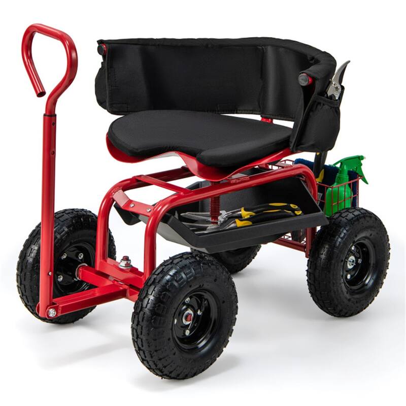 Adjustable Rolling Garden Cart with 360-Degree Swivel Seat Heavy-Duty Metal Frame Storage Basket - 35.5" x 24" x 23.5"-27"