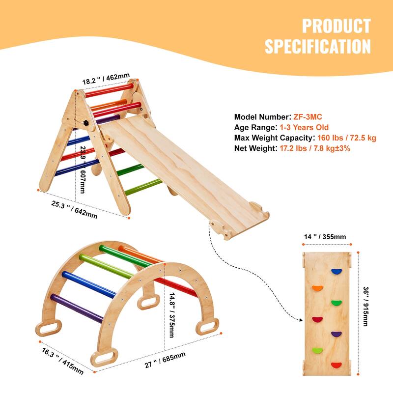 Pikler Triangle Set, Toddler Climbing Toys Indoor Playground, Ramp, and Arch, Montessori Climbing Set with Triangle
