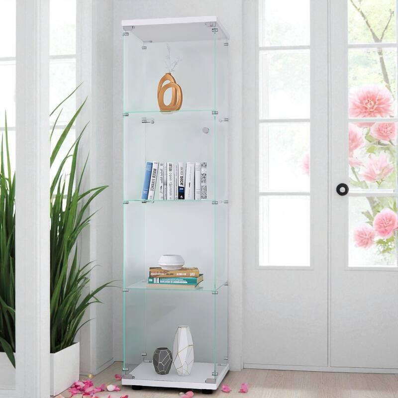 64" Lighted Glass Display Cabinet with One Door, 4 Shelves Tempered Glass Showcase Storage
