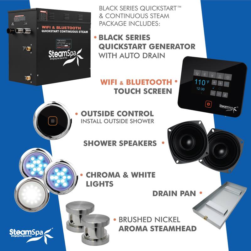 Black Series WiFi and Bluetooth 12kW QuickStart Steam Bath Generator Package with Dual Aroma Pump in Brushed Nickel