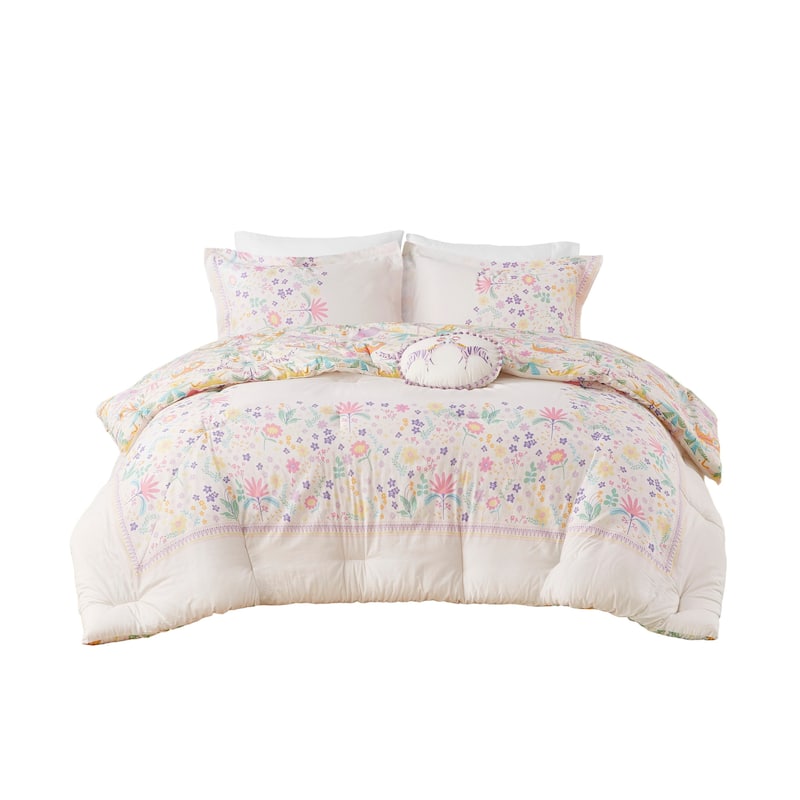3 PCS Twin Floral Reversible Cotton Comforter Set with Throw Pillow Purple