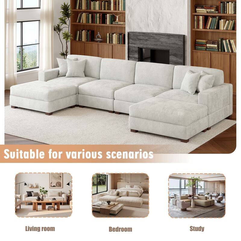Oversized Chenille Modular Sectional Sofa Conversation Set with 2 Ottomans
