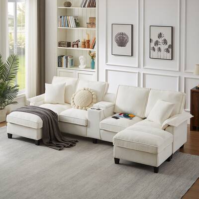 Corduroy U-shaped Sectional Sofa with Double Storage Chaise Lounge, Console Table with Charging Station, Box and Cup Holders