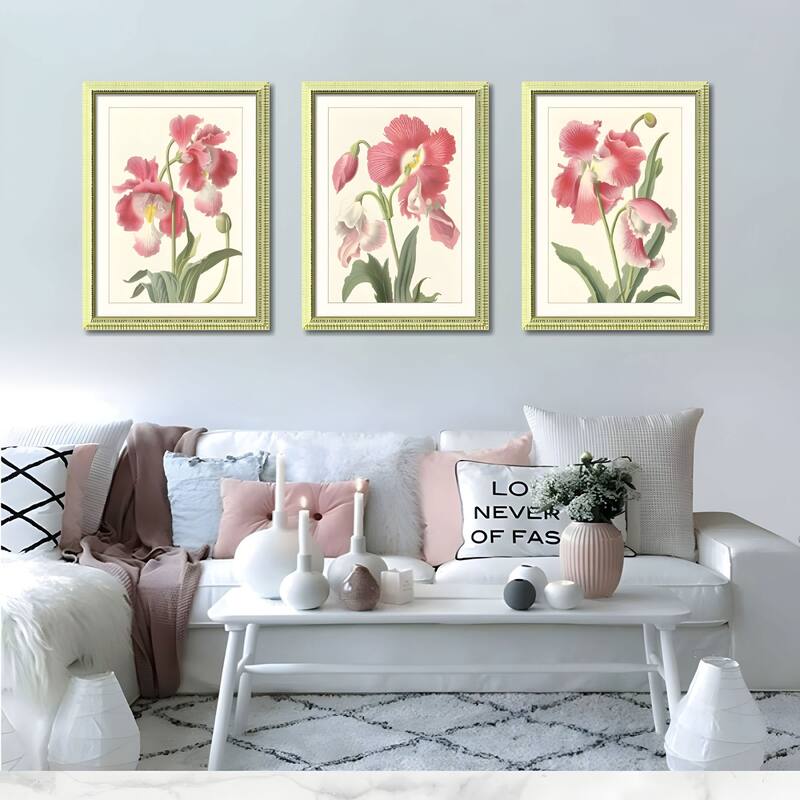 Set of 3 Pink Flower Framed Wall Art - Botanical Floral Prints with Wood Picture Frames, Antique Frame Style Wall Decor