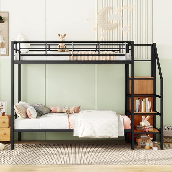 slide 2 of 42, Metal Bunk Bed with Lateral Storage Ladder and Wardrobe Black - Twin
