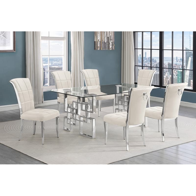 Best Quality Furniture D221/2-SC320-7 Dining Set with 12mm Tempered Glass - 7-Piece - Cream with Silver