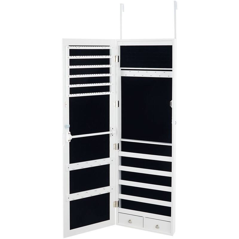 Wall Mounted Lockable Mirror Jewelry Cabinet with LED Light - 4.5" x 3.5" x 56.5" (W x D x H)