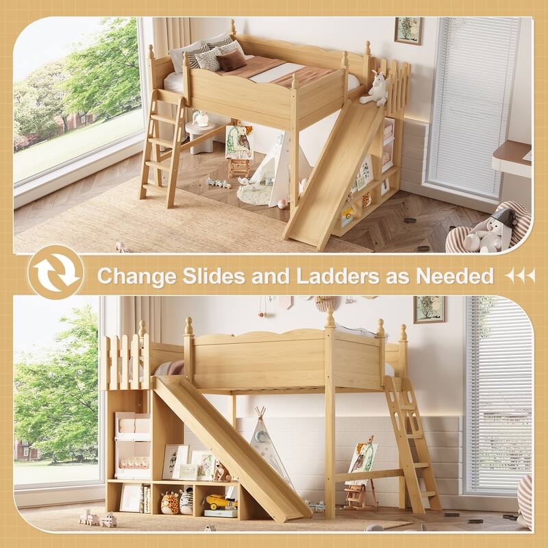 Modern High Loft Beds with Full Length Guardrails, Solid Wood Storage Loft Bed Frame with Detachable Slide and Ladders