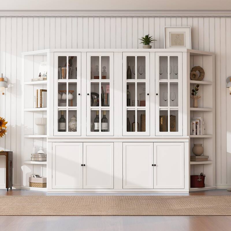 Modular White Curio Bookcase Cabinet w/Glass Doors Buffet Display - 2 x 36.25" W Units + 2 x Sided Bookshelves