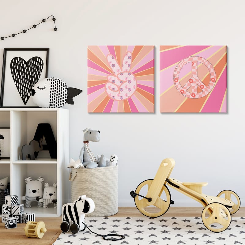 Stupell Groovy Peace Symbols on Stripes Canvas Wall Art Design By Jesse Keith (Set of 2)