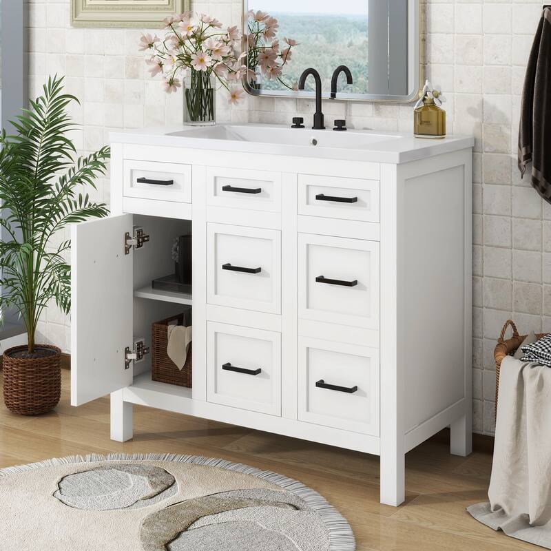 36-inch Free-standing Bathroom Vanity with Resin Undermount Sink, 4 Drawers, 2 Doors, Adjustable Storage Shelves