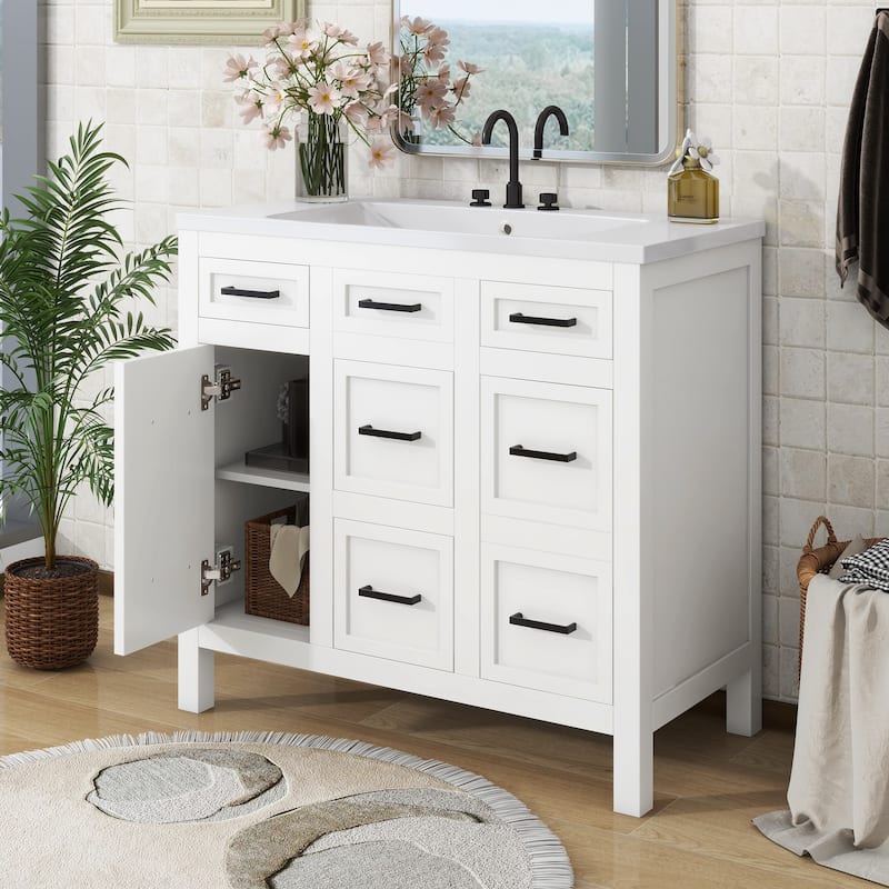 Multifunctional Bathroom Vanity, Freestanding Vanities with Adjustable Shelf, Storage Cabinet with 4 Drawers and 2 Doors