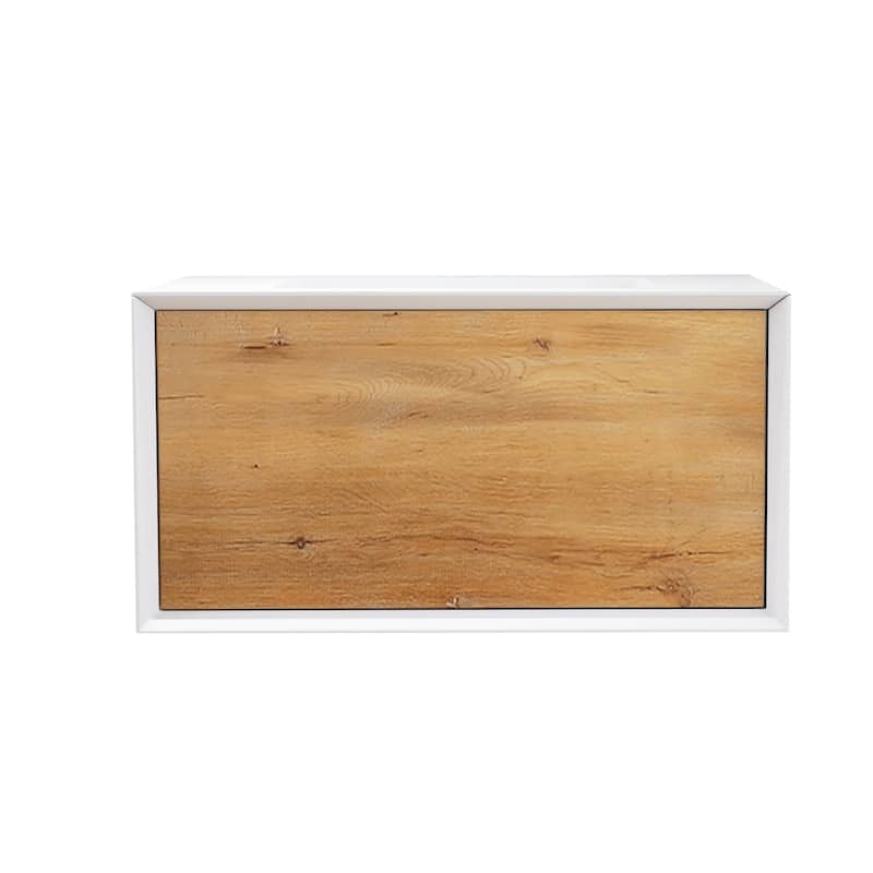 Wall-Mounted 1-drawer Bathroom Vanity Set in White and Oak with Integrated Solid Surface Sink