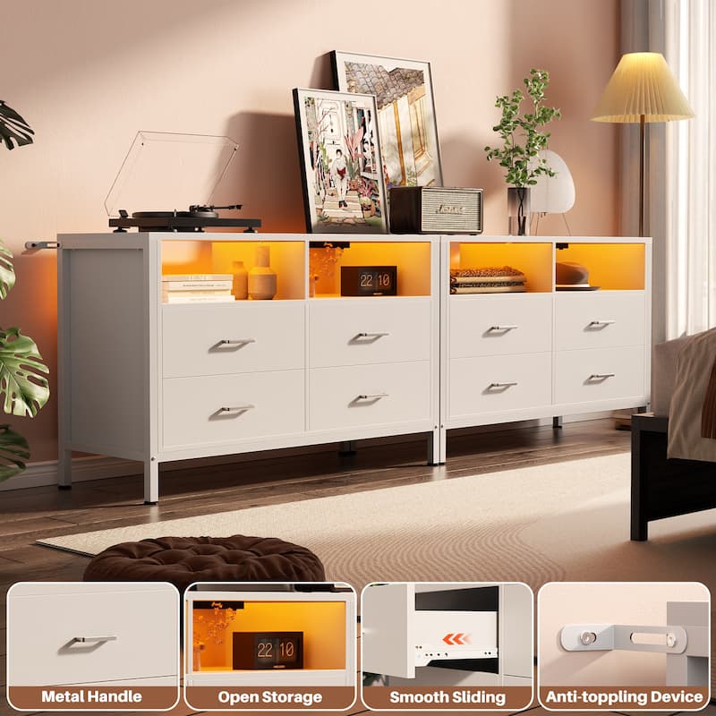 Chest of Drawers with LED Lights and Outlets,Wood Drawer Dresser for Clothes Storage