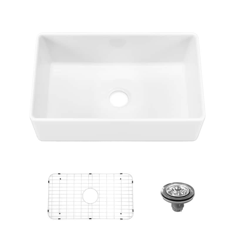 Sinber Farmhouse Apron Single Bowl Kitchen Sink with Fireclay White Finish