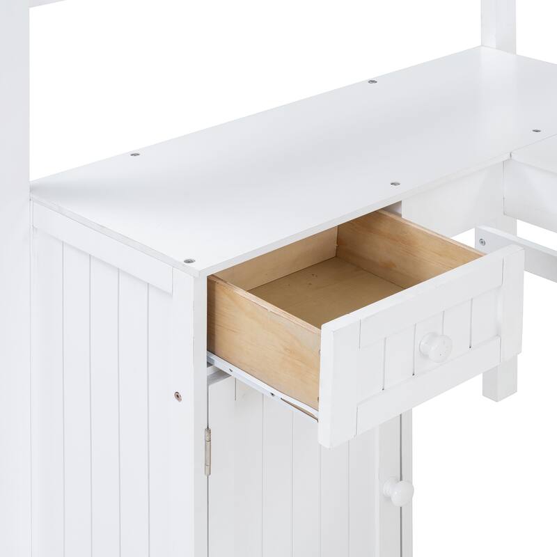 Roomfitters Twin Size Wooden Loft Bed with Desk, Cabinet, Shelves and Storage Drawers, White