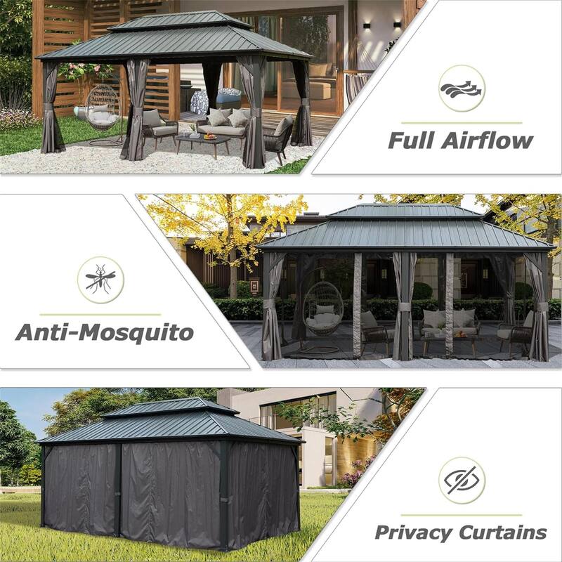 12' X 18' Aluminum Hardtop Gazebo with Double Roof, Curtains, and Netting for Outdoor Events