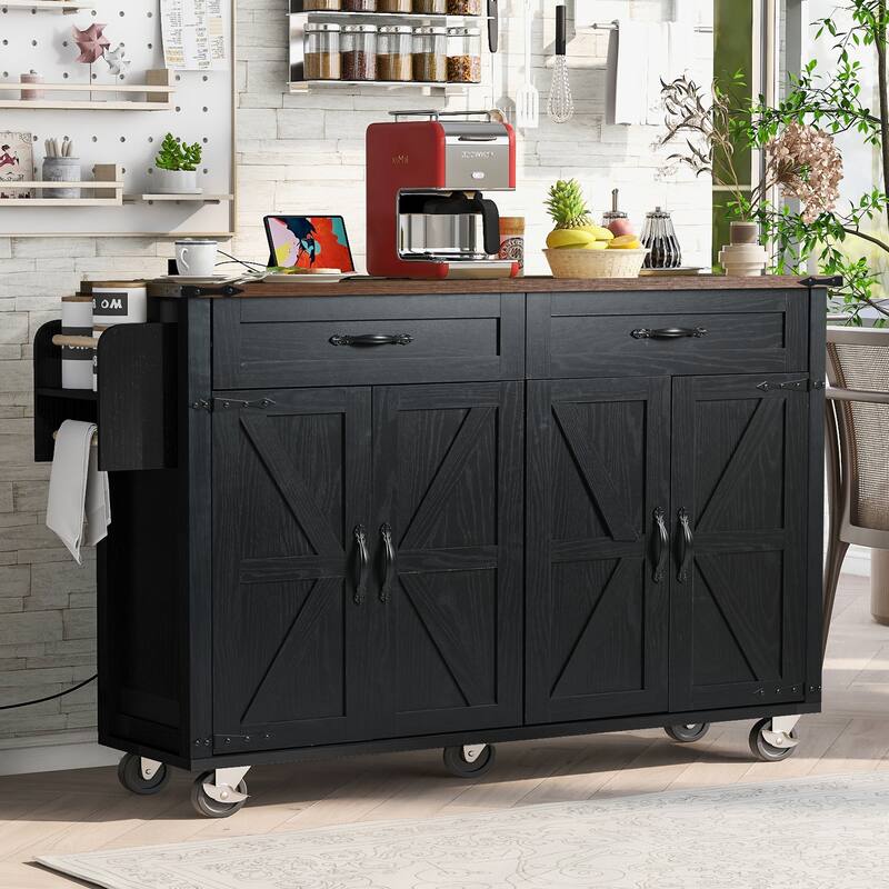 53.5" Farmhouse Kitchen Island with Power Outlet, Drop Leaf, Spice Rack, Drawer & Wheels