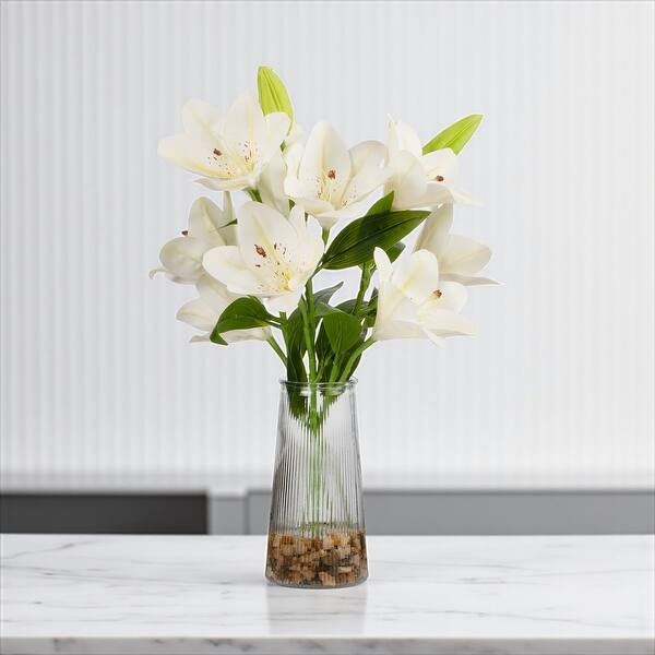 Real Touch Tiger Lily Flower Arrangement in Clear Glass Vase with Faux Water for Home Office Decoration - N/A - Cream