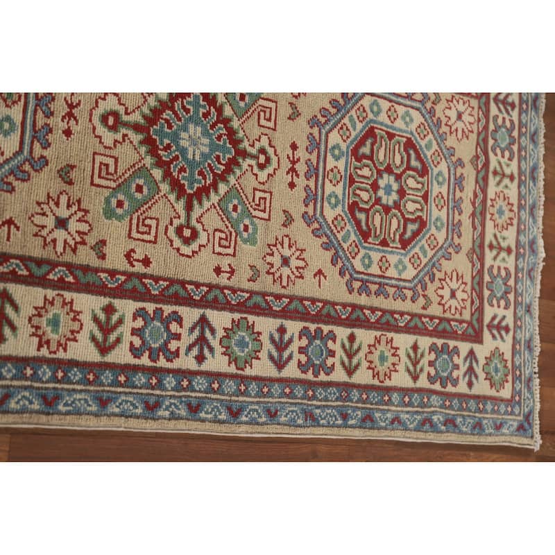 Hand Knotted Oriental 100% Wool Carpet Traditional Geometric Beige & Ivories Kazak Runner Rug - 12' 9'' X 2' 9''