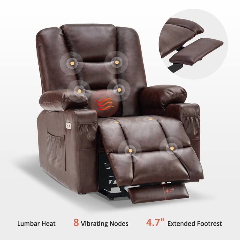 MCombo Power Lift Recliner Chair with Massage and Heat for Elderly, Extended Footrest, USB Ports, Faux Leather(Medium)