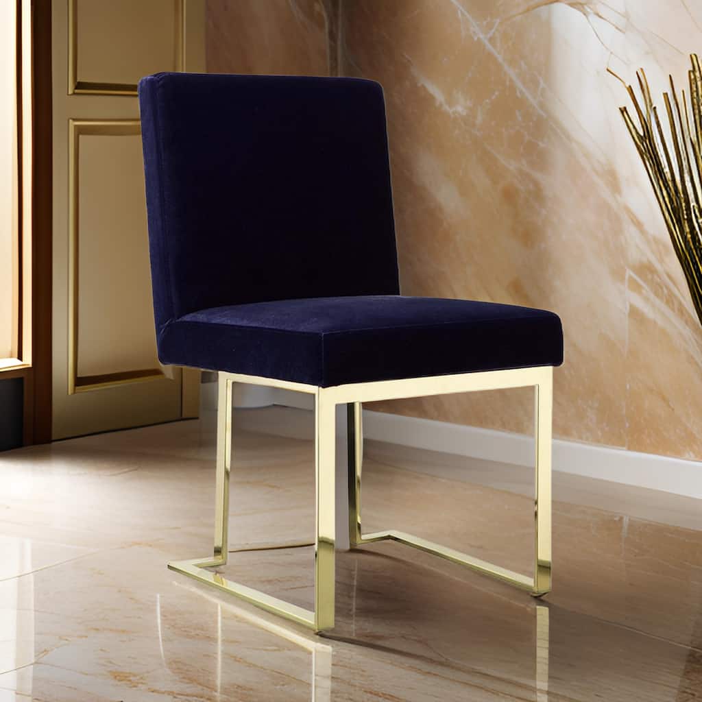 Boly 24 Inch Side Dining Chair Set of 2, Navy Blue Velvet, Gold Cantilever