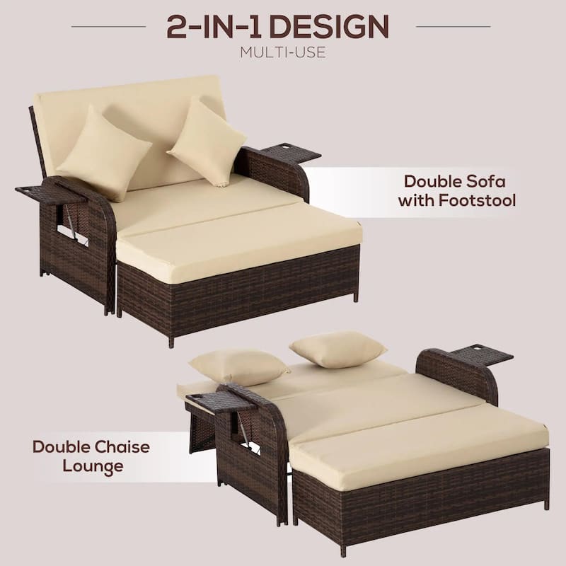 Patio Rattan Daybed with Cushions, Storage Ottoman, Side Tables