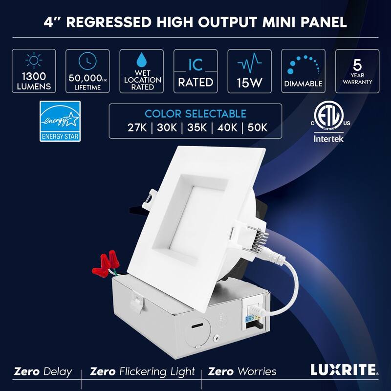 Luxrite 4" Square LED Recessed Ceiling Light J-Box 15W 5 Color Selectable 1300LM Dimmable Wet Rated ETL 6 Pack - 6 Pack