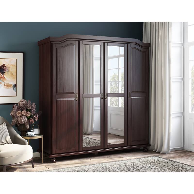 100% Solid Wood Kyle 4-Door Wardrobe Armoire by Palace Imports - Java-Mirror