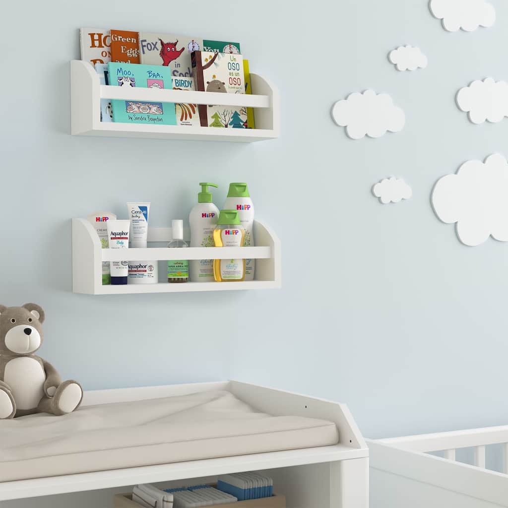 Wallniture Lissa Wood Bookshelf White Floating Shelves Toy Storage Kids Room Decor (Set of 2)