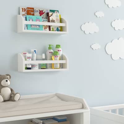 Wallniture Lissa Wood Bookshelf White Floating Shelves Toy Storage Kids Room Decor (Set of 2)