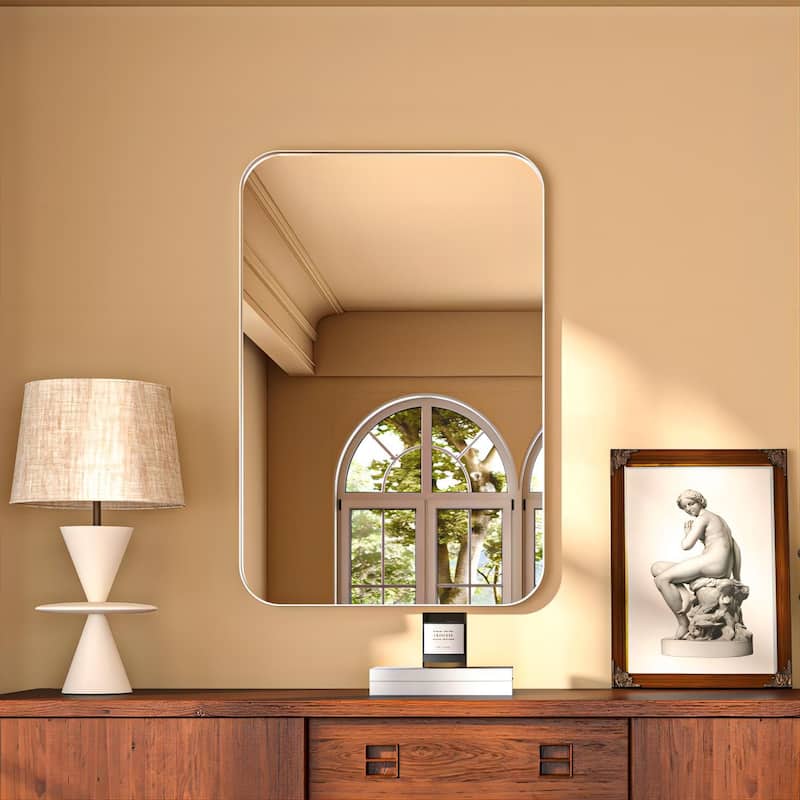Organnice Rectangular Aluminum Framed Modern Rounded Wall Mount Mirror