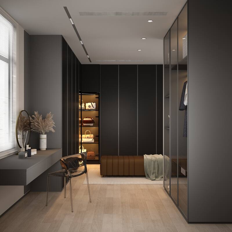 Black Glass Door Combo Wardrobe with Multi-Color Light Strips