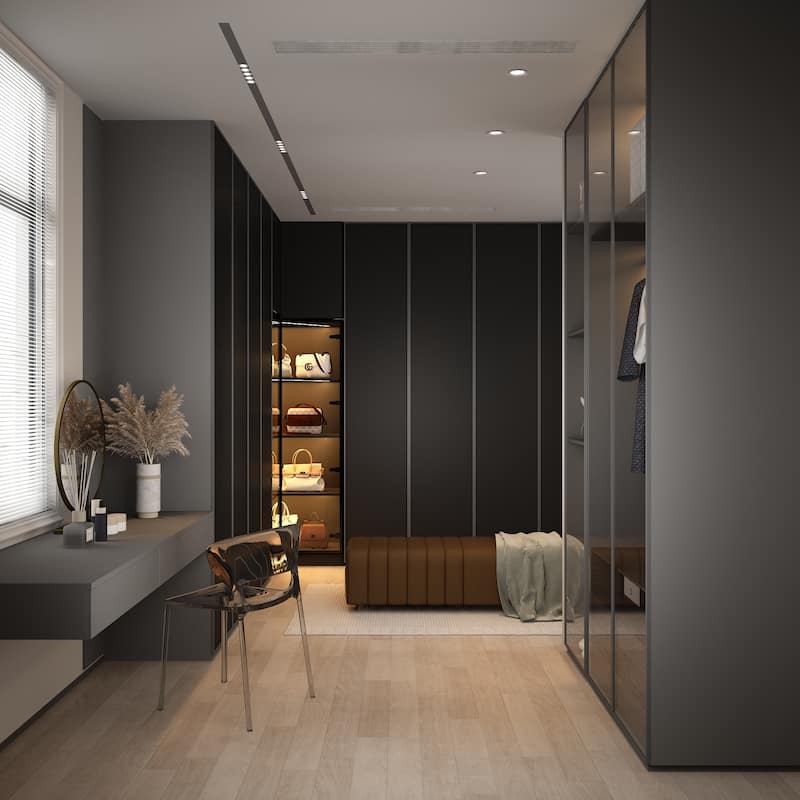 Black Glass Door Wardrobe Set with Lighting Strips, Storage Cabinet