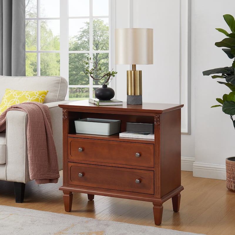 Farmhouse 2-Drawer Dresser Nightstand with Charging Station, USB Ports, Open Shelf & Solid Wood Legs