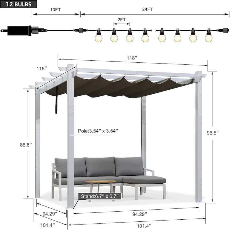 PURPLE LEAF Gazebo White Aluminium Outdoor Retractable Pergola with Canopy Cover