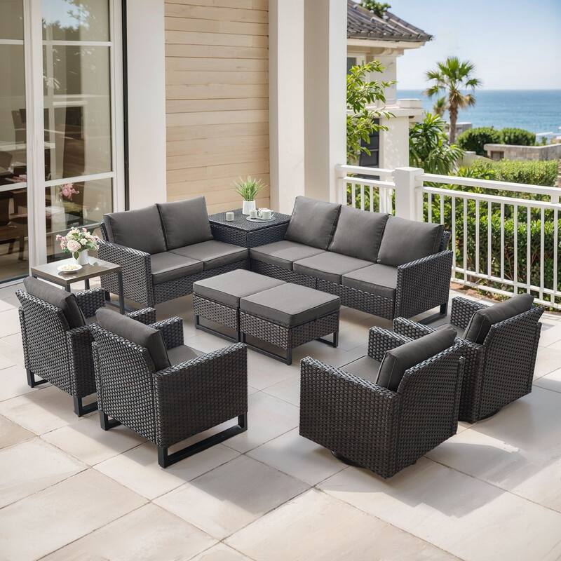 Gymojoy 9-11 Person All-Weather Wicker Outdoor Conversation Set Seating Group With Swivel Chairs