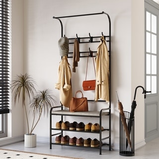Coat Rack Shoe Bench, 3-in-1 Hall Tree Shoe Rack for Entryway, 3-Tier Storage Shelf and 8 Hooks