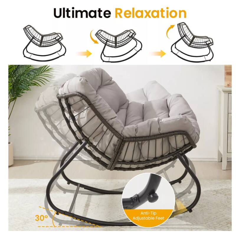 Light Gray Egg Rocking Chair with Ottoman, Wicker Lounge