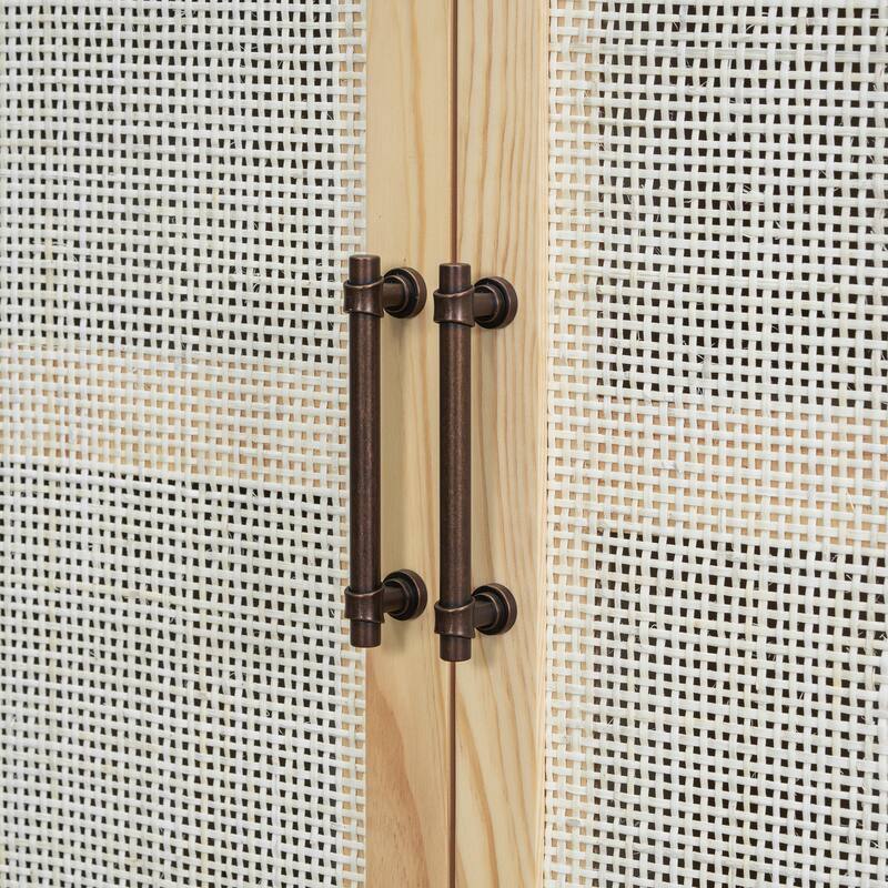 4 Doors Rattan Accent Storage Cabinet Buffet Cabinet, Solid Pine Legs