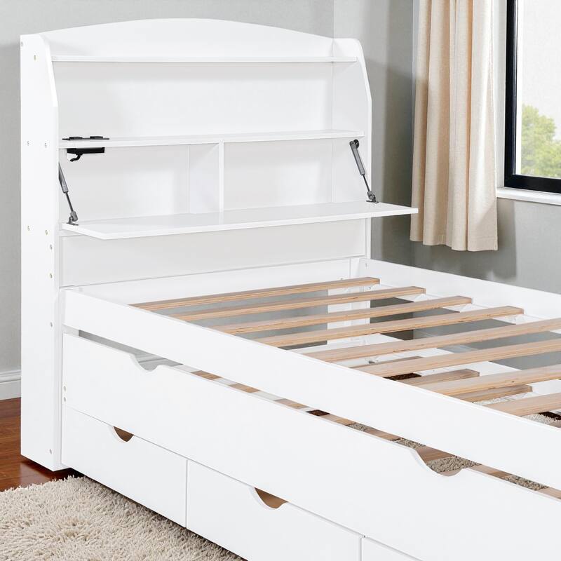 Twin LED Platform Bed with Trundle, Storage Headboard & Drawers, Wooden Kids/Teens Bed with USB Charging Ports