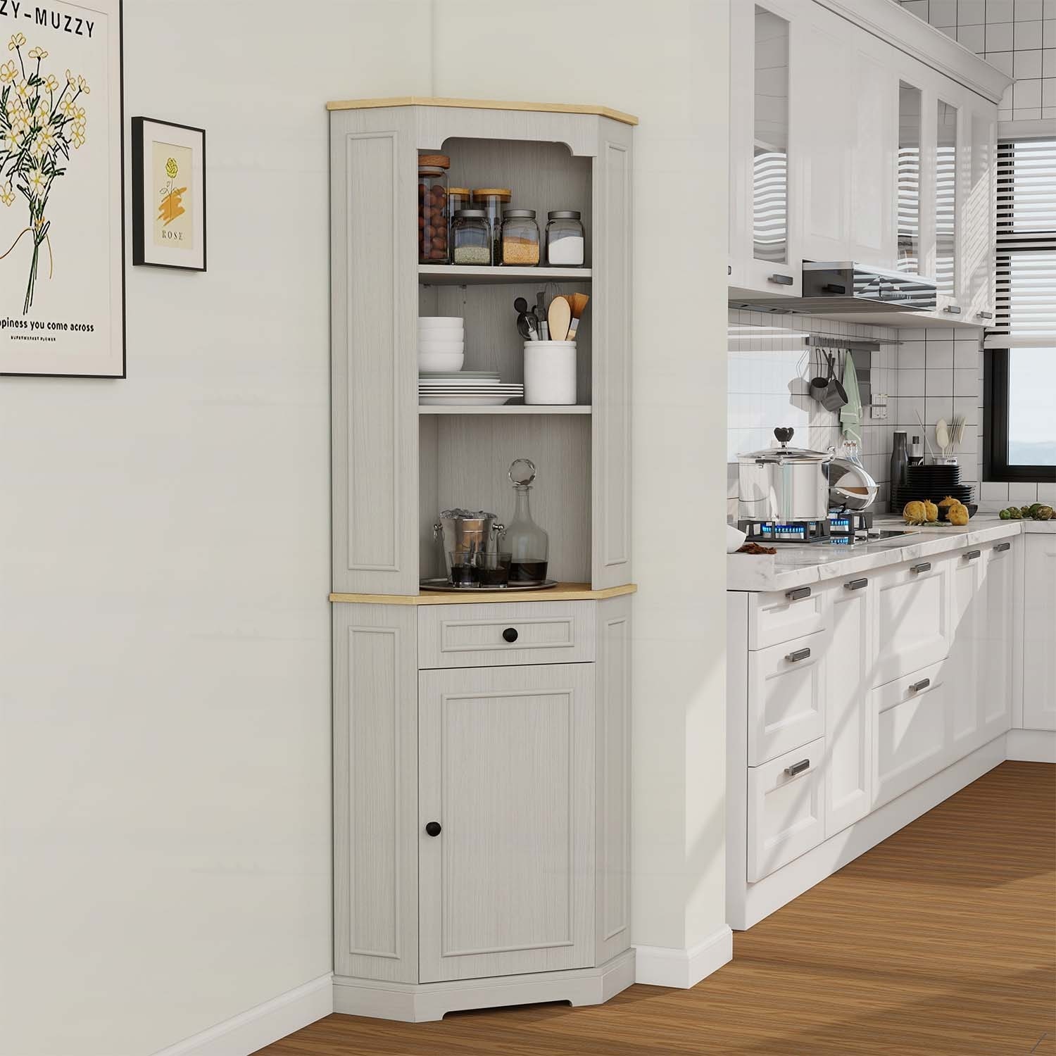 Tall Corner Cabinet with 1 Door,1 Drawer,and Adjustable Shelf for Living,Dining,Kitchen,and Bathroom Areas.