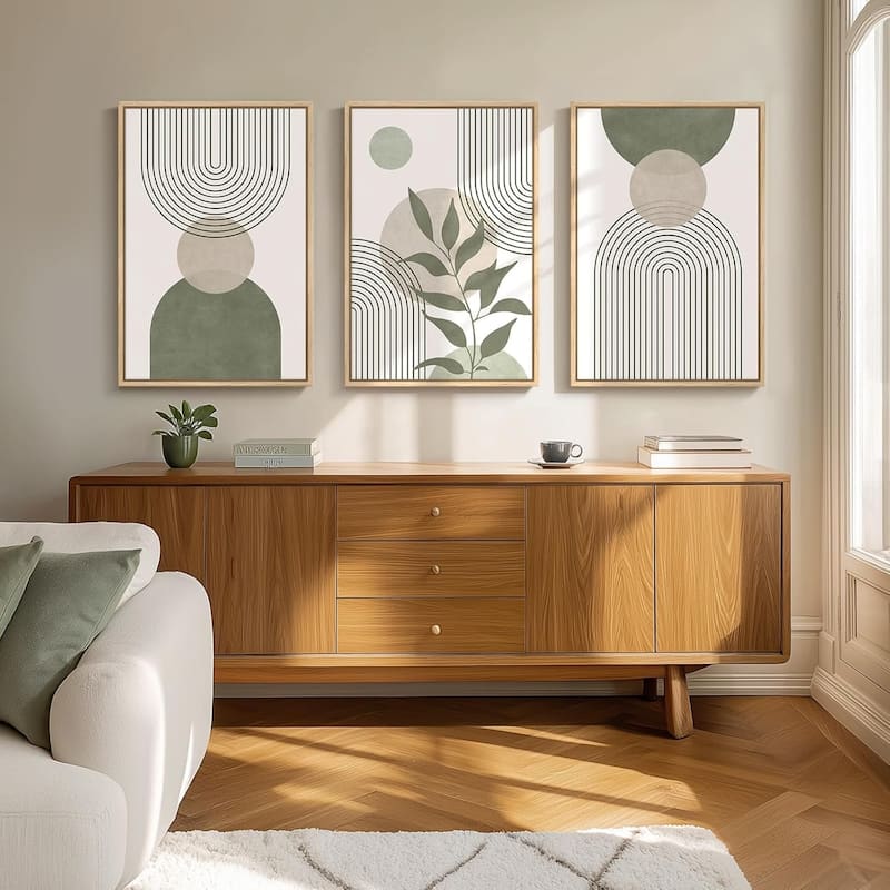 3 Piece Minimalist Beige and Green Bohemian Artwork