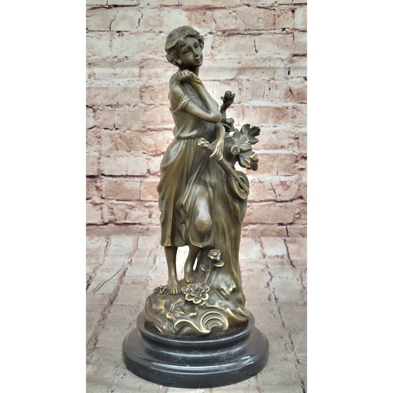 Clical Young Woman Holding Banjo Guitar Musical Instrument - Bronze Sculpture By Milo