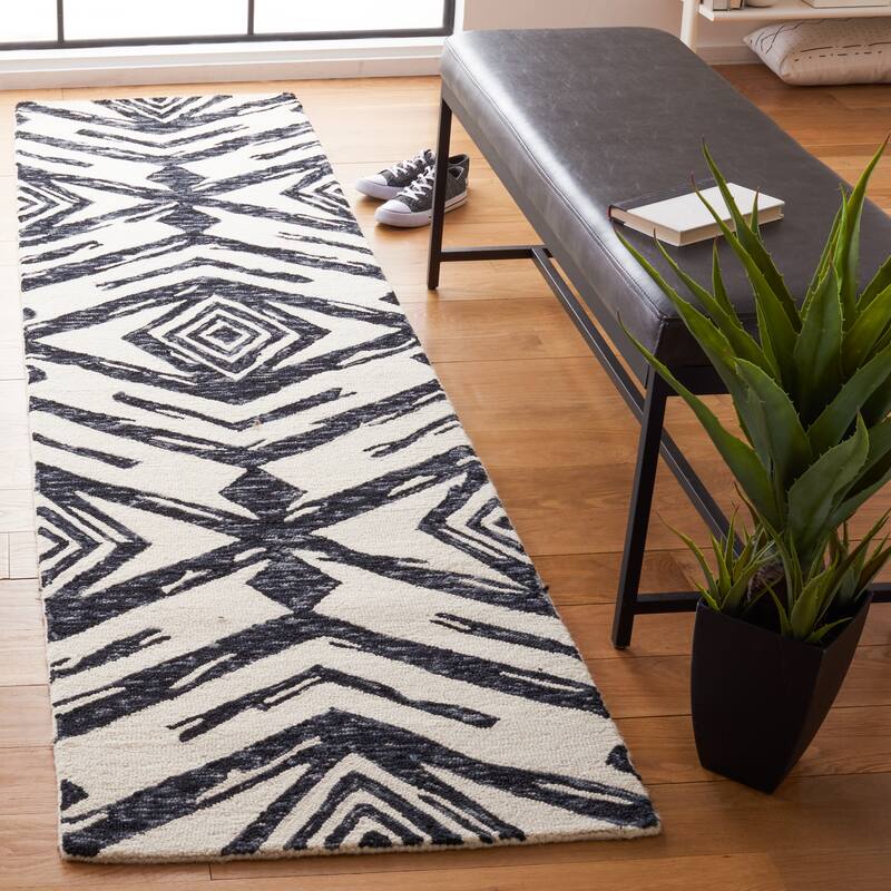 SAFAVIEH Handmade Metro Jorine Modern Abstract Wool Rug - 2'3" x 9' Runner - Black/Ivory